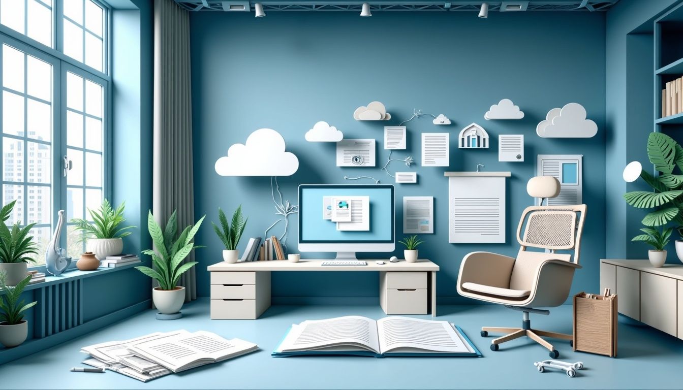 Ein helles, modernes Heimbüro mit blauen Wänden, Pflanzen, einem Schreibtisch, einem Computer, einem Stuhl und wolkenförmigem Wanddekor.