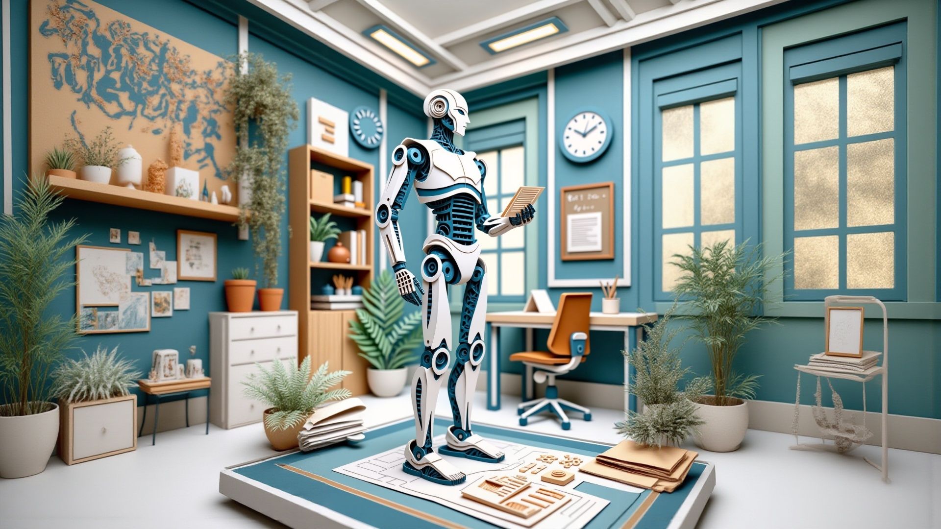 Ein humanoider Roboter steht lesend in einem stilvollen, modernen Büro, das mit Pflanzen, Büchern und blauem Dekor gefüllt ist.