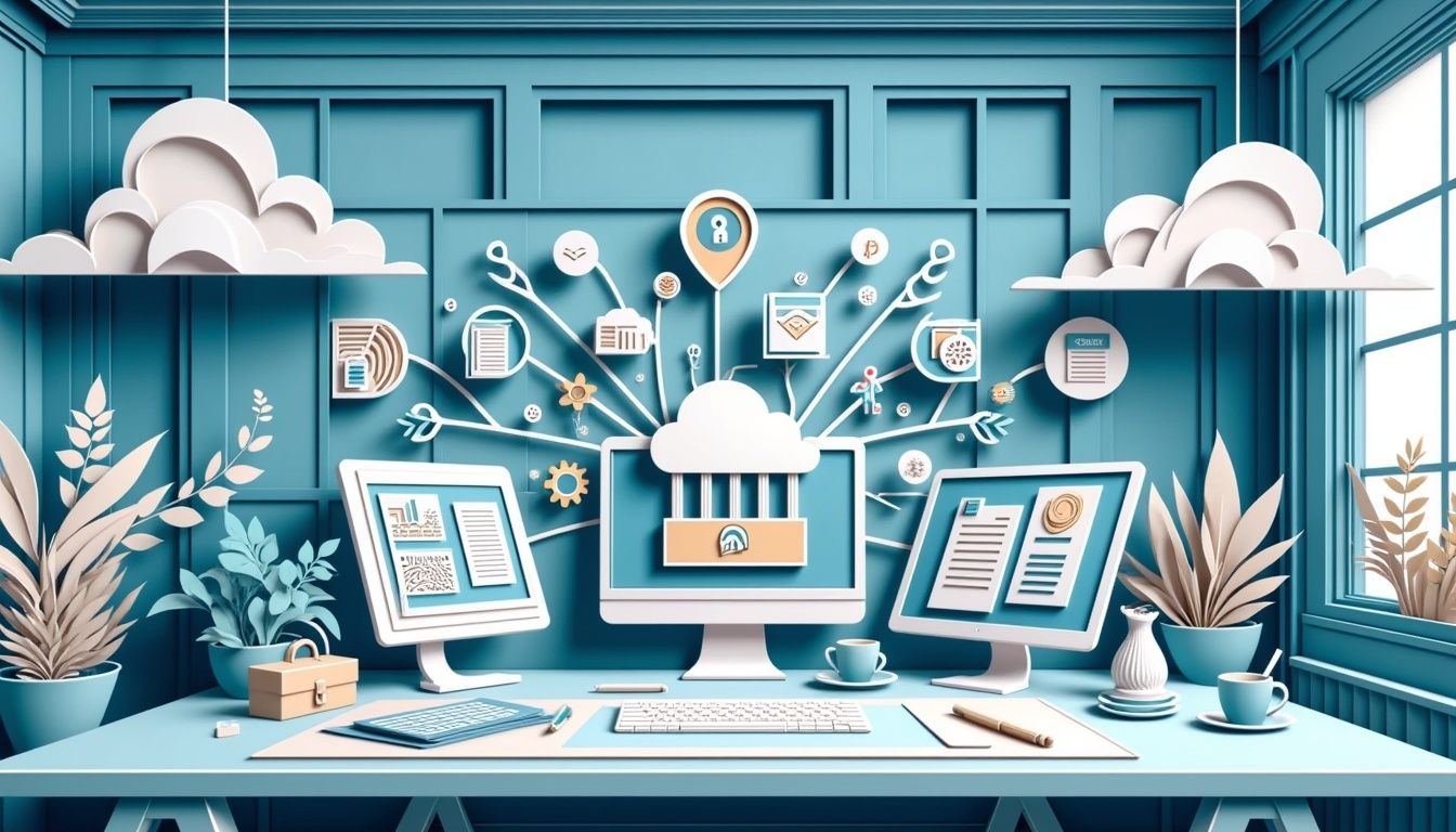 Ein moderner Arbeitsbereich mit Computern und Cloud-Symbolen, die digitale Daten und Cloud-Computing-Konzepte darstellen.